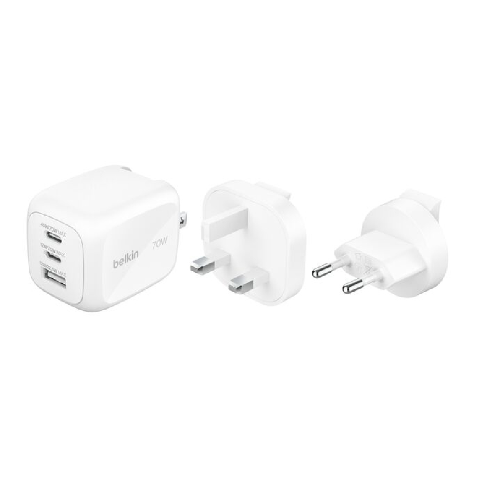 Belkin Cargador de pared GaN de 3 puertos de 70 W + kit adaptador de viaje color blanco WCH018fqWH