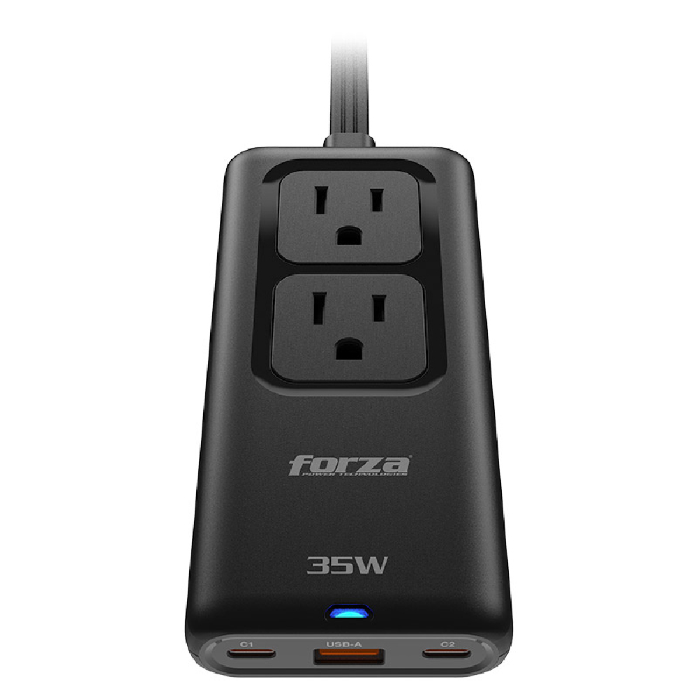 Forza Cargador rápido GaN de 35 W con regleta de 1250 W, 2 NEMA, 110/220 V PS-235USBC