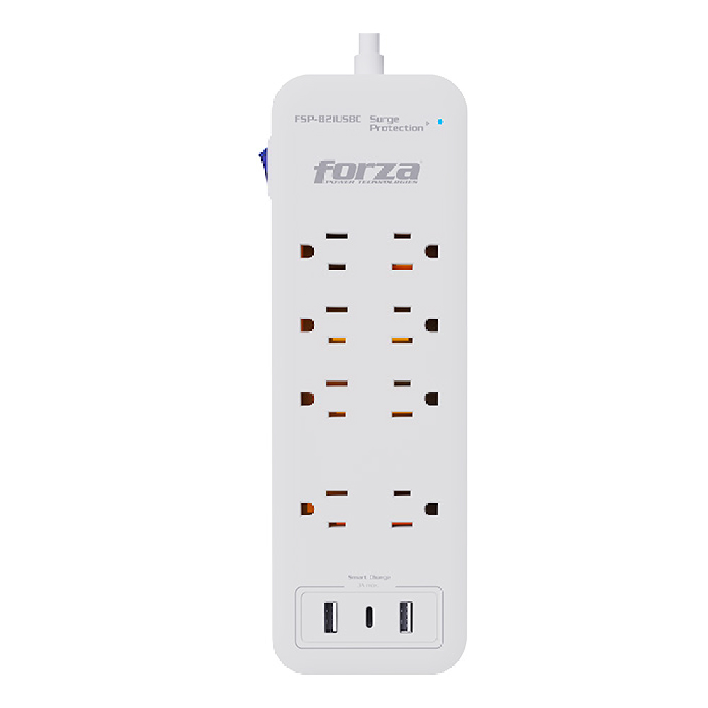 Forza Protector contra Sobretensiones 1625W/2450J con 8 Tomas, 2 USB-A y 1 USB-C blanco FSP-821USBC