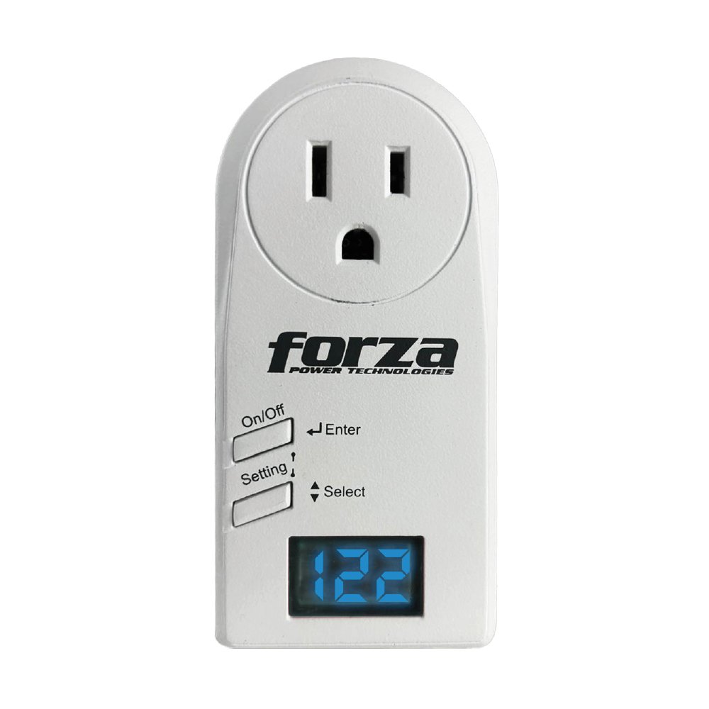Forza Zion Protector de Voltaje Programable 3 en 1, 110-120V, 15A, 990 Joules, Enchufe Giratorio 350°, Salida NEMA 5-15R — FVP-1201LCD