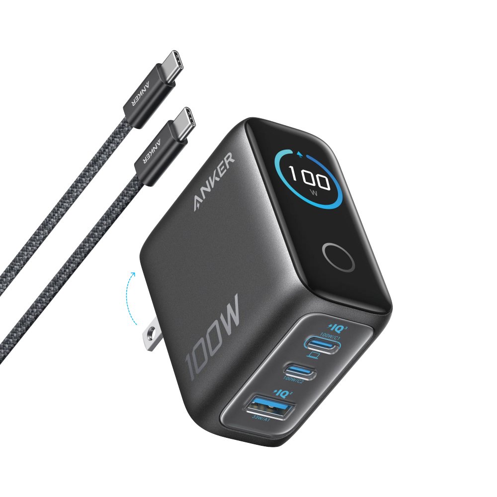 Anker Cargador de pared GaN de 100 W con 3 puertos y pantalla inteligente color negro B121BJZ1
