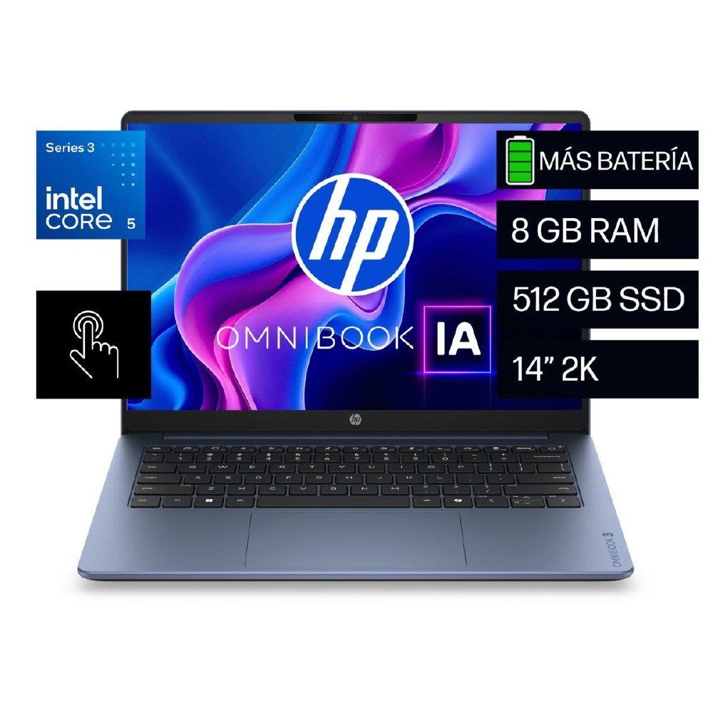HP Laptop OmniBook 3 AI 14-ht0061la de 14" táctil 2K Intel Core 5 320 8 GB 512 GB SSD Windows 11 Home DX7B8LA#ABM
