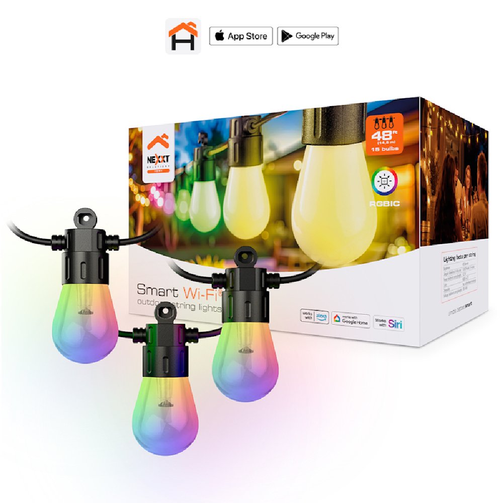 Nexxt Guirnalda de luces LED inteligente Wi-Fi RGBIC+CCT de 15 bombillas para exterior NHB-O150